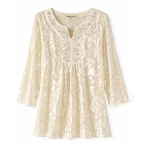 Indigo Soul Ivory Burnout Velvet Floral Tunic Top Embroidered Split Neck Large